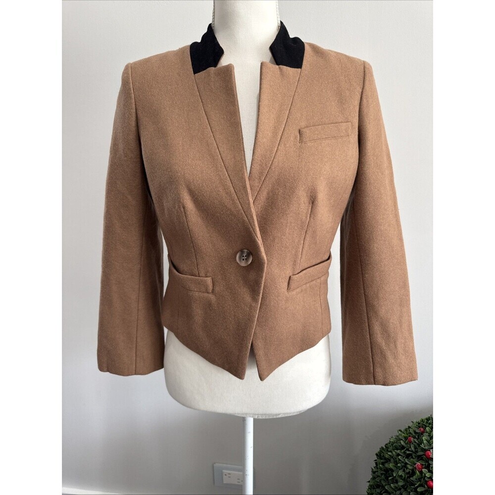 Trouve Crop Wool Blend Blazer Jacket Camel Lined One Button Pockets Womens S